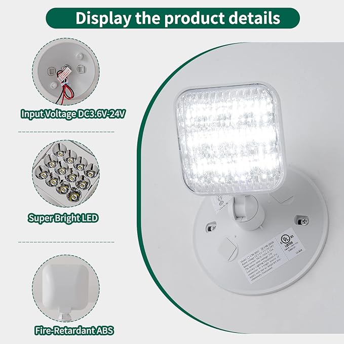 GZRUIYANG Emergency Remote Head Lighting, Single Square Head Emergency Light, UL Listed, Multi Voltage 3.6 to 24 Volt Input, 3 Watts, 180 Lumen, No Battery Inside