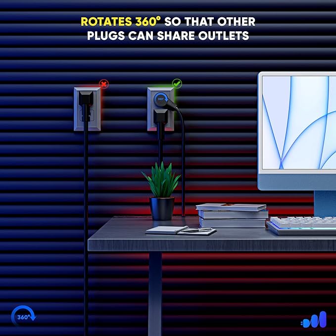 Maximm Cable 15 Feet 360° Rotating Flat Plug Extension Cord/Wire, 3 Prong Grounded Wire 16 Awg Power Cord - Black UL Certified