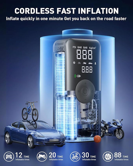 Tire Inflator Portable Air Compressor - Faster Inflation 150PSI & 20000mAh Multifunctional Air Pump, Accurate Pressure Gauge Display & LCD Light for Auto, Motorcycles, Bikes, Balls