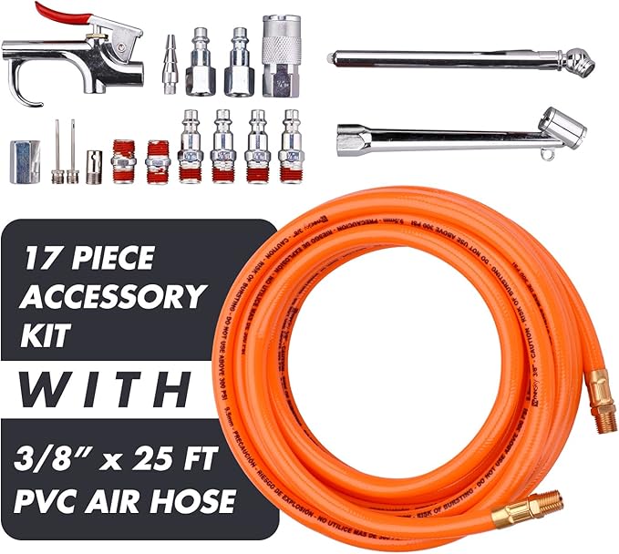 WYNNsky 3/8" X 25ft PVC Air Compressor Hose Kit With 17 Piece Air Tool and Air Compressor Accessories Kit