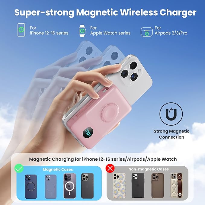 Magnetic Portable Charger 10800mAh with Built-in Cables, 6-in-1 Wireless Power Bank with iWatch Charger, 25W PD Fast Charging USB C Battery Pack for iPhone 16/15/14/13/12,Apple Watch(Pink)
