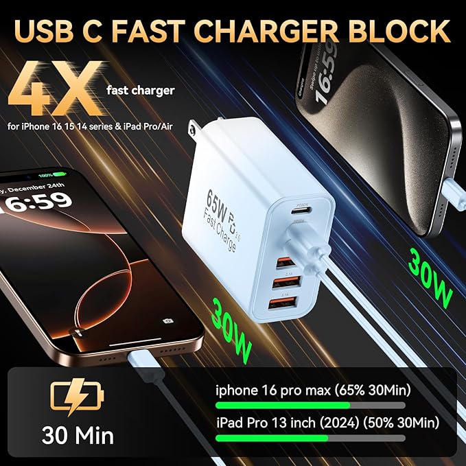 USB C Charger Block, 65W USBC Wall Charging Blocks 6-Port PD & QC Power Adapter Multiport Type C Fast Chargers Plug Cube Brick for iPhone 16/15/14/13/12/Pro Max,iPad Pro,Samsung Galaxy S25/S24