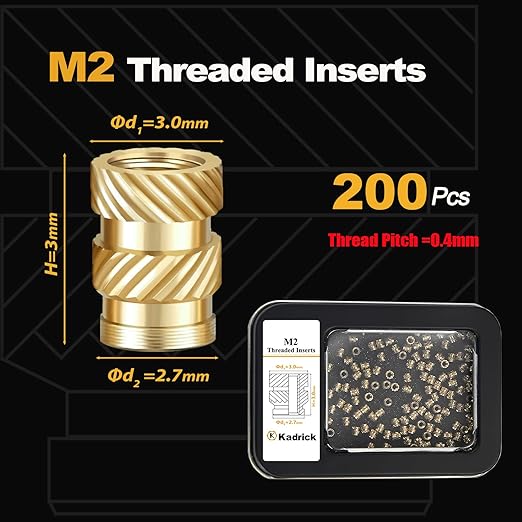 Kadrick 200Pcs M2 Threaded Inserts for 3D Printing Components,M2*3 * 3 Metric Brass Knurled Nuts, Insert by Heat into Plastic Parts