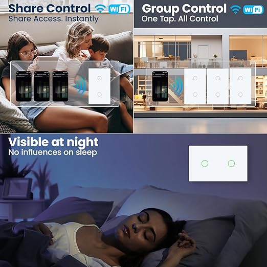 Smart Light Switch 3 Way Need Neutral Wire,FCC Certified,2.4GHz WiFi Switch Glass Panel APP Control Timer Work with Tuya/Smart Life,Alexa and Google Home,White 2 Gang