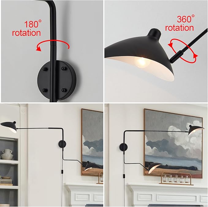 67" Mid-Century Wall Sconce Plug in with Adjustable 2-Arms, Matt Black Wall Lights with On/Off Cord for Bedroom, Living Room, Dining Room 2-Light