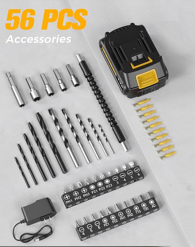 Cordless Drill, 20V MAX Power Drill Set with 2.0Ah Power Pack & Charger, 3/8 Inch Keyless Chuck, Variable Speed, 25+1 Position and 56PCS Bits/Screws, Power Tools for Home Projects