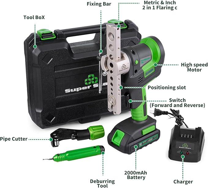 Super Stars Cordless Electric Flaring Tool Kit, 1/4"–3/4" HVAC Copper Pipe Flare Tool with 45° Eccentric Cone, Metric & SAE Clamps, Deburring & Cutter Tools