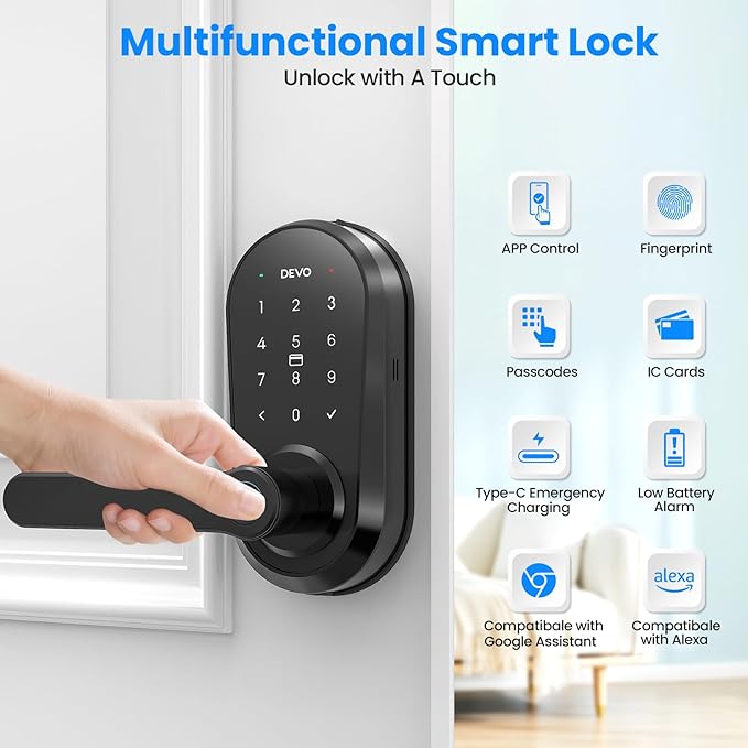 Devo G7 Smart Door Lock with Handle,6-in-1 Fingerprint Keyless Entry,APP Control,Fingerprint ID,Auto Locks,Built-in Wi-Fi Smart Deadbolt for Front Door,Easy Install,Waterproof,BHMA Grade 3