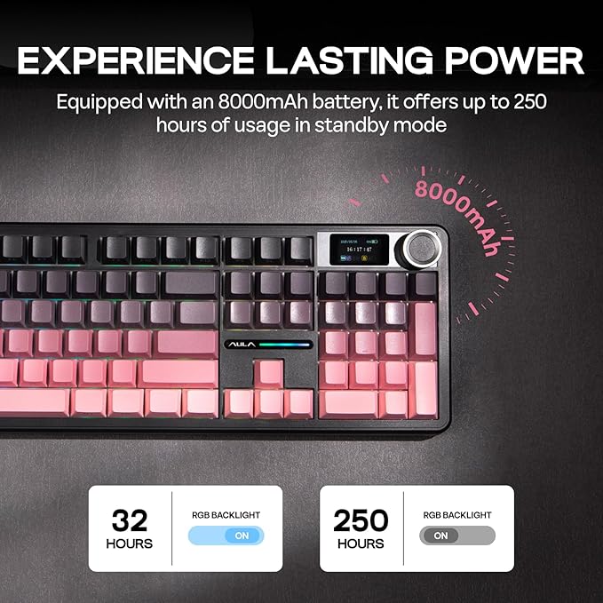 EPOMAKER X Aula F108 PRO Wireless Gaming Keyboard with Screen, 8000mAh Battery, 104 Hot-Swappable and Programmable Keys and Knob, RGB Backlight, for Mac/PC/Android (Pink Gradient)