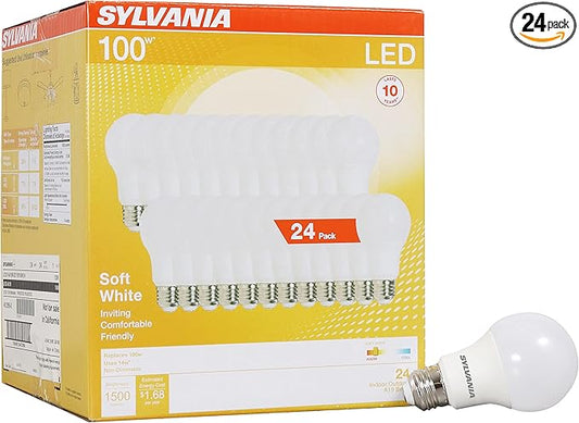 Sylvania LED Light Bulb, 100W Equivalent A19, Efficient 14W, Medium Base, Frosted Finish, 1500 Lumen, Soft White - 24 Pack (41299)