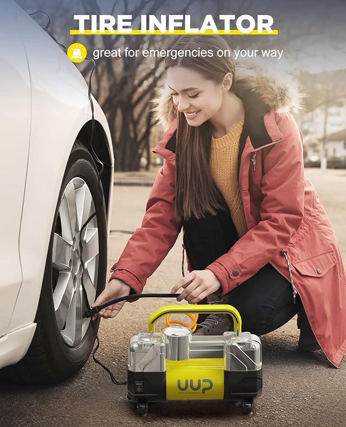 Portable Digital Car Tire Inflator with Gauge Auto Shut-Off, 150PSI 12V DC Double Cylinders Heavy Duty Portable Air Pump w/Emergency LED Light for Truck, SUV, Car, RV