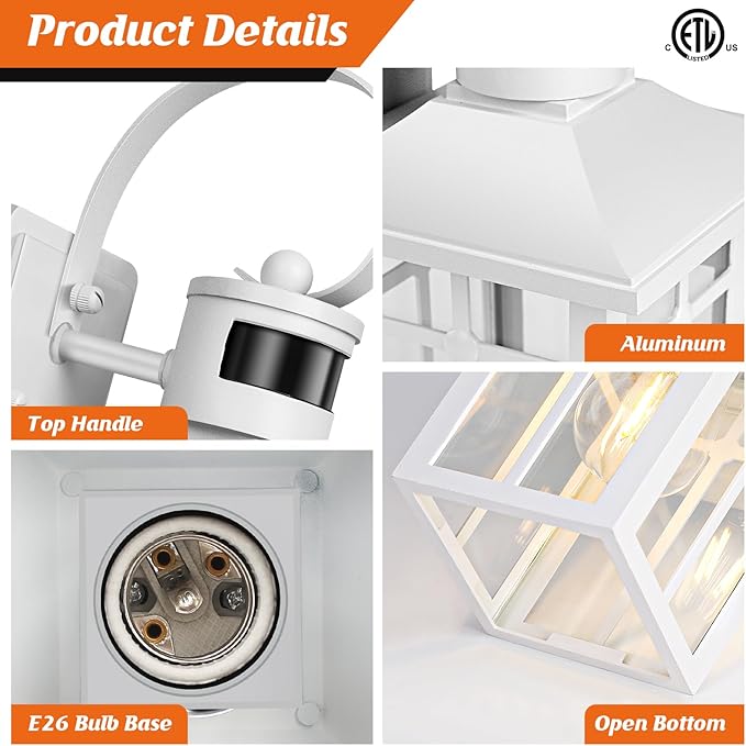 White Porch Light Fixture, 2-Pack Motion Sensor Outdoor Sconce Lights, Aluminum Outdoor Lanterns for Patio Waterproof, ETL Listed Dusk Till Dawn Outside Light Fixture for House, Porch, Front Door