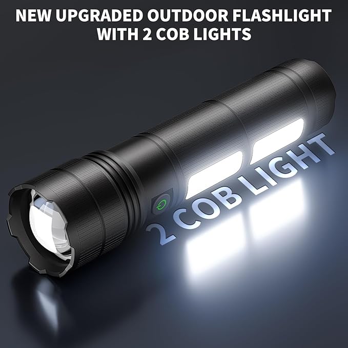 KINGCAESAR Rechargeable Flashlights 3000 High Lumens, Super Bright Flash Light with 2 Cob Light, High Powered LED Flashlights with 4 Modes, 7200 ɱAh & 24 Hours, IPX7 Waterproof for Outdoor, Home