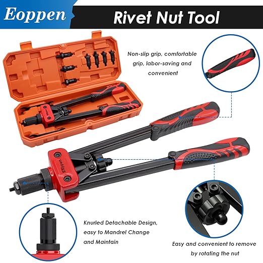 Rivet Nut Tool Kit, Rivnut Tool Kit with 500Pcs Rivet Nuts (M5, M6, M8, M10, 1/4-20, 5/16-18, 3/8-16) and 8 Metric and SAE Mandrels with a Step Drill Bit and Rugged Carrying Case