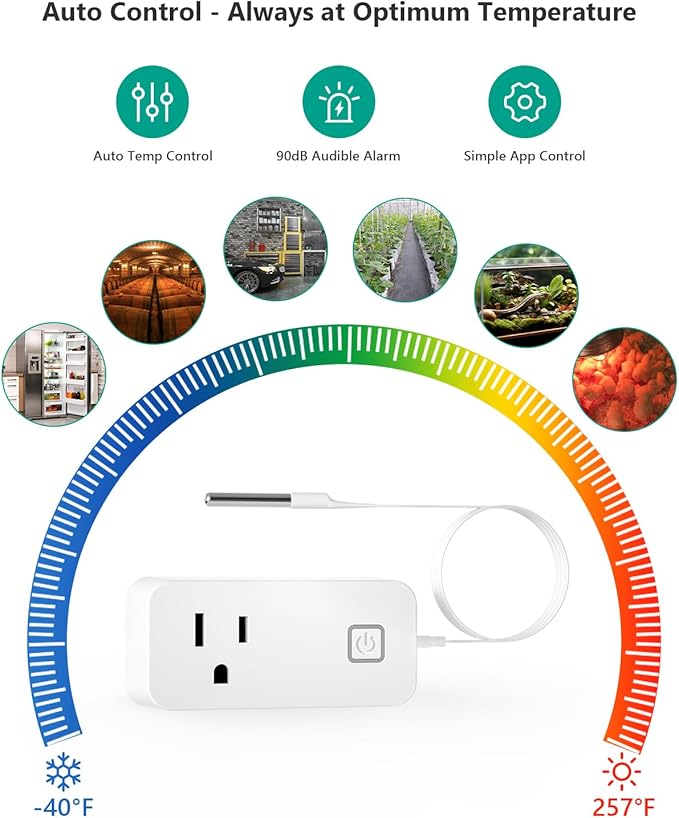 Reptile Thermostat Outlet Plug, Bluetooth Temperature Controller with 90DB Loud Alarm for Terrarium Heat Mat, Greenhouse, Homebrew Fermenter, Incubator, 100-240V 10A 1100W Support