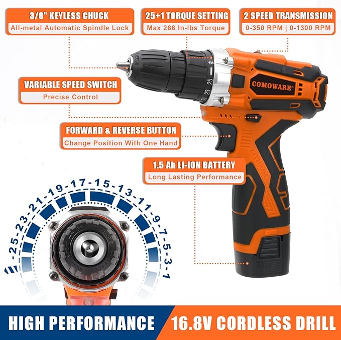COMOWARE 16.8V Cordless Drill Tool Combo Kit, 153-Piece Professional Household Tool Set with Lithium Battery for Home Garden Office DIY Projects