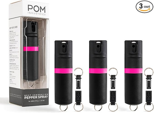 POM Pepper Spray Keychain, Quick Key Release for Instant Access, Flip Top Safety, Maximum Strength OC Formula with UV Marking Dye, 25 Bursts, 10 ft Range, 0.5 fl oz
