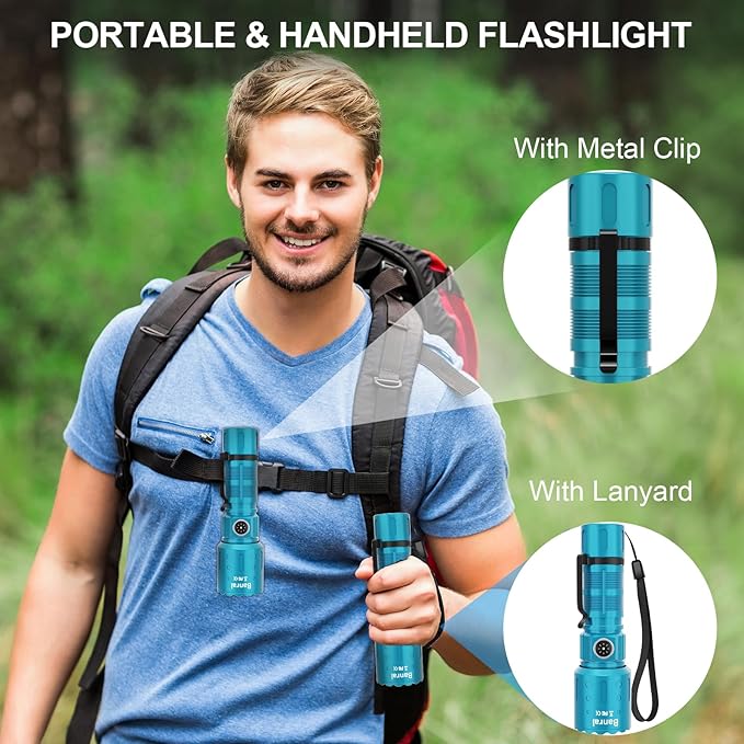 Flashlights High Lumens Rechargeable, Super Bright Long Range Small Powerful Flashlight, 6 Modes LED Tactical Pocket Waterproof Flash Light for Home Emergency (1, Turquoise)