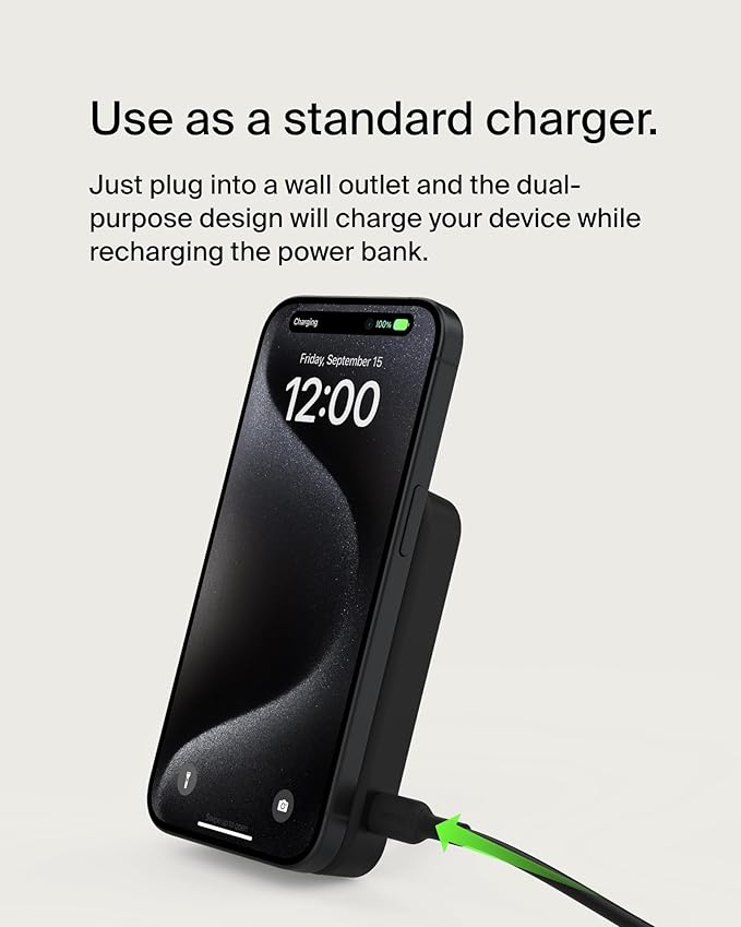 Belkin Portable Charger, Wireless Power Bank 15W 8000 mAh w/ Qi2 - MagSafe Charger w/Built-in Pop-up Kickstand - Compatible w/iPhone 16, 15, 14, 13, Plus, Pro, Max, Google Pixel 10, etc. - Black