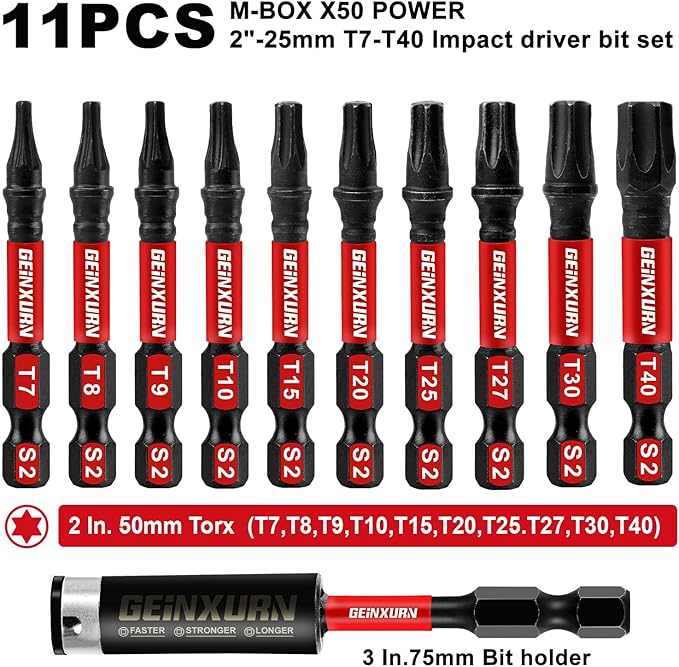 10 Pieces 2 In. (T7-T40) Impact Screwdriver Bit Set, Magnetic Multi-Torx Head Power Bits, S2 Alloy Steel Star Bits with 1 Pc Impact Bit Holder and Storage M-Box