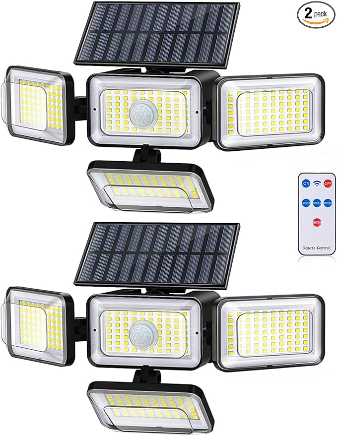 Mokot Solar Lights Outdoor, 288 LED 2800LM Motion Sensor Outdoor Light with Remote Control, 4 Heads IP65 Waterproof Solar Flood Security Lights for Outside Patio Wall -2PACK
