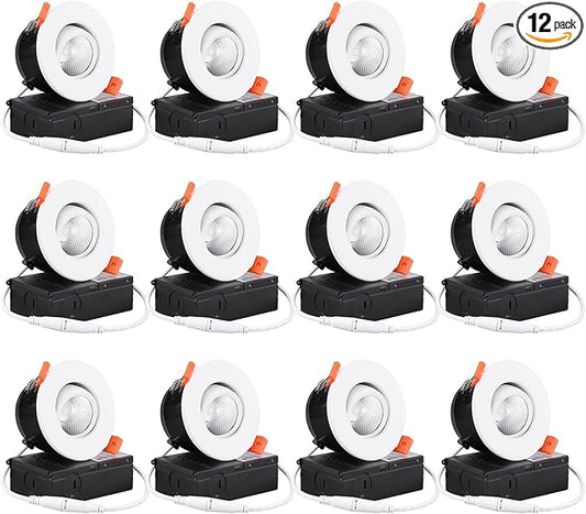 TORCHSTAR 12-Pack 3 Inch Gimbal LED Recessed Light with Junction Box, 7W CRI90+ Dimmable Adjustable Eyeball Canless LED Downlight, 3000K Warm White, Airtight IC, ETL