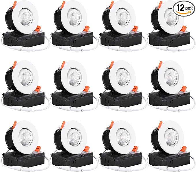 TORCHSTAR 12-Pack 3 Inch Gimbal LED Recessed Light with Junction Box, 7W CRI90+ Dimmable Adjustable Eyeball Canless LED Downlight, 5000K Daylight, Airtight IC, ETL