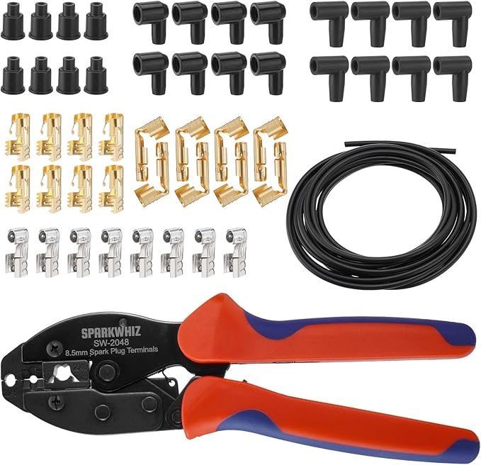 Ratchet Spark Plug Wire Crimping Tool Kit, 180 Degree/90 Degree/Straight Spark Plug Coil Terminals & 24PCS Boots, Ratcheting Wire Crimper Diameter 8.5-8mm (With Spark Plug Wires)