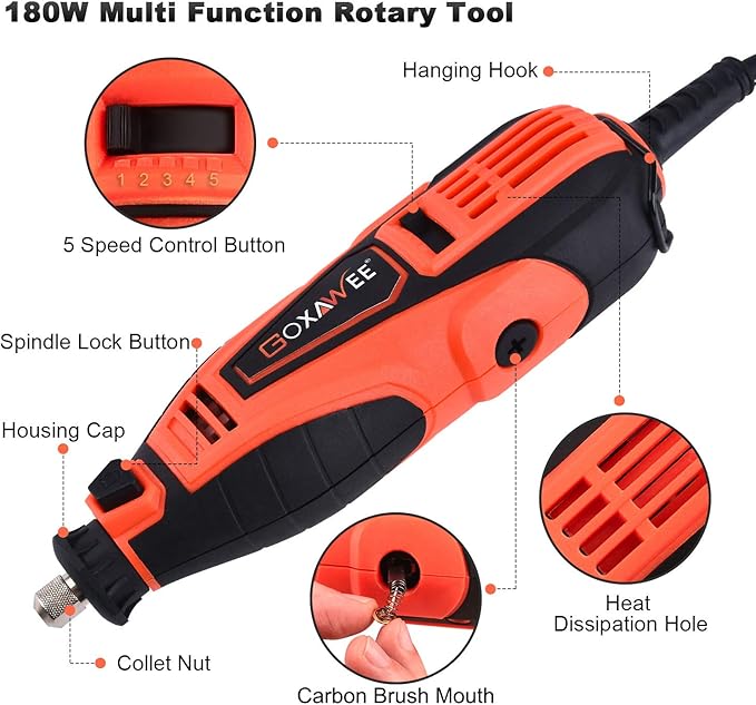 GOXAWEE Rotary Tool Kit with 180 Rotary Tool Accessories & Flex Shaft & Universal Collet, 5 Variable Speed Rotary Multi-Tool, Mini Electric Drill Set for Crafting DIY Project