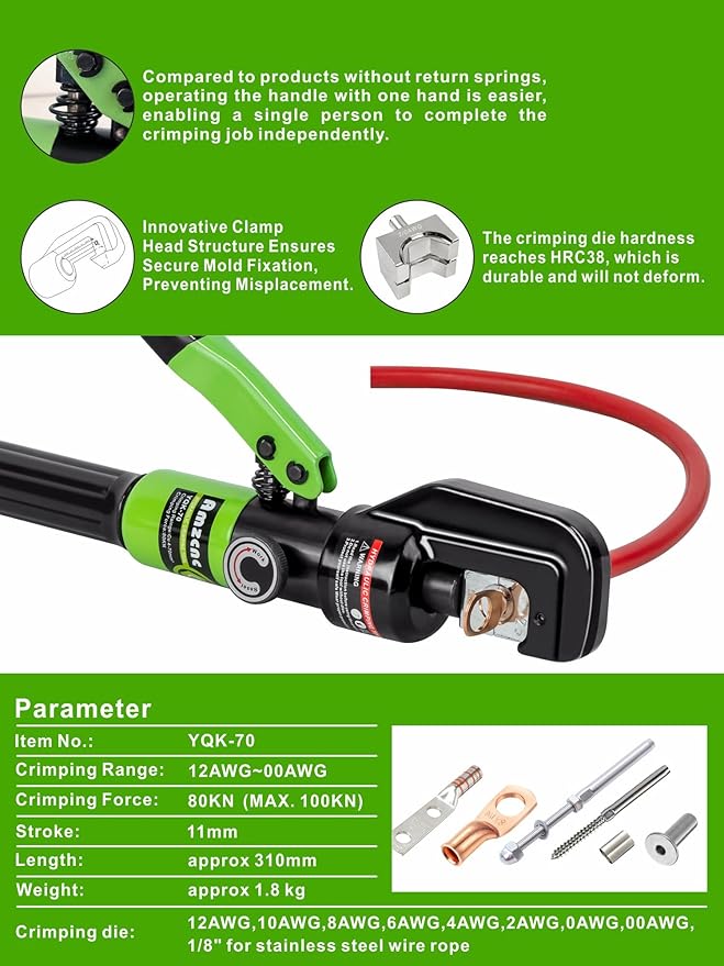AMZCNC Hydraulic Cable Lug Crimper 8 US TON 12 AWG to 00 (2/0) Electrical Terminal Cable Wire Tool Kit with 9 Die (Crimping Tool and Copper wire scissors)