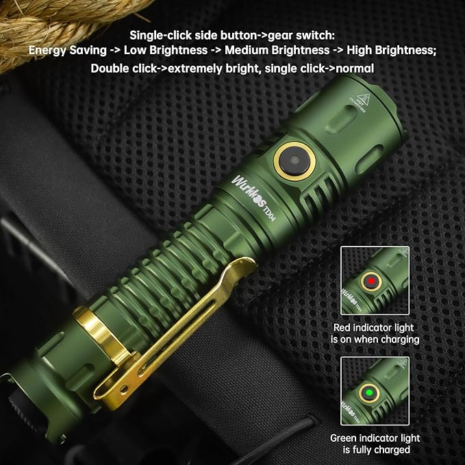 Wurkkos TD04 Tactical Flashlight, 3000 Lumens Rechargeable Flashlights, LED Handheld Flashlight with Type C Charging Port Tail Switch for Camping for EDC, Tactical Gear, Suvival, Emergency, Outdoor
