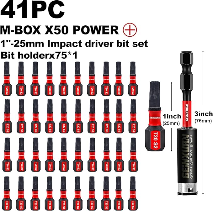 40Pieces 1 In. T20 Impact Tough Magnetic Screwdriver Bit Set, #20 Torx Head Insert Bits, S2 Alloy Steel Star Bits with 1Pc Impact Bit Holder and Storage M-Box