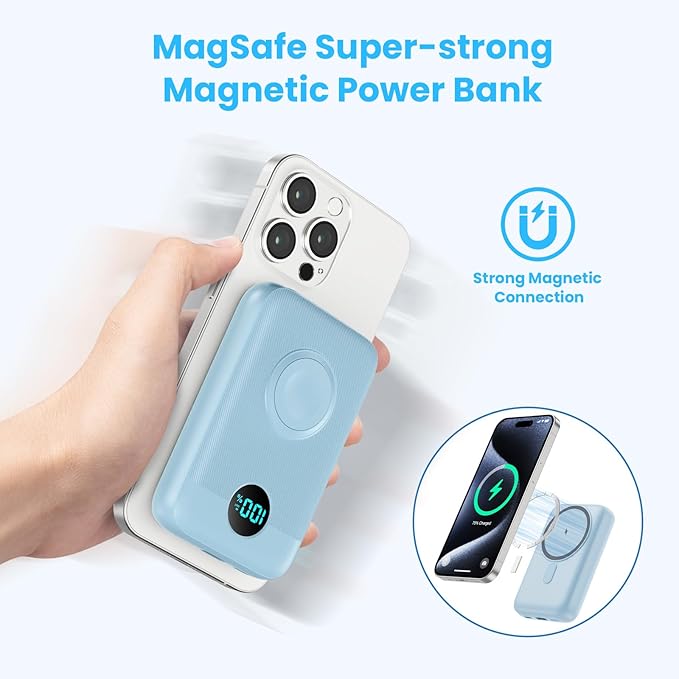Magnetic Portable Charger 10800mAh,4-in-1 Wireless Power Bank with iWatch Charger, QC4.0+20W PD Fast Charging USB C Battery Pack with LCD Display for Magsafe,iPhone 16/15/14/13,Apple Watch, Sky Blue