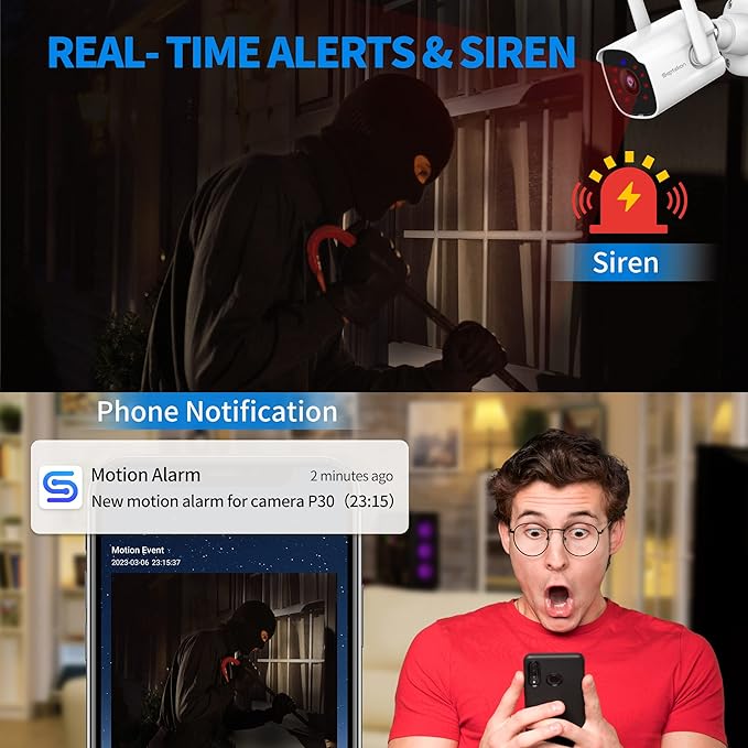 Septekon 2K Security Camera Outdoor 2 Pack, 2.4G WiFi Home Security Cameras with Smart Siren, Night Vision, Motion Detection, 2-Way Talk, Compatible with Alexa - P30