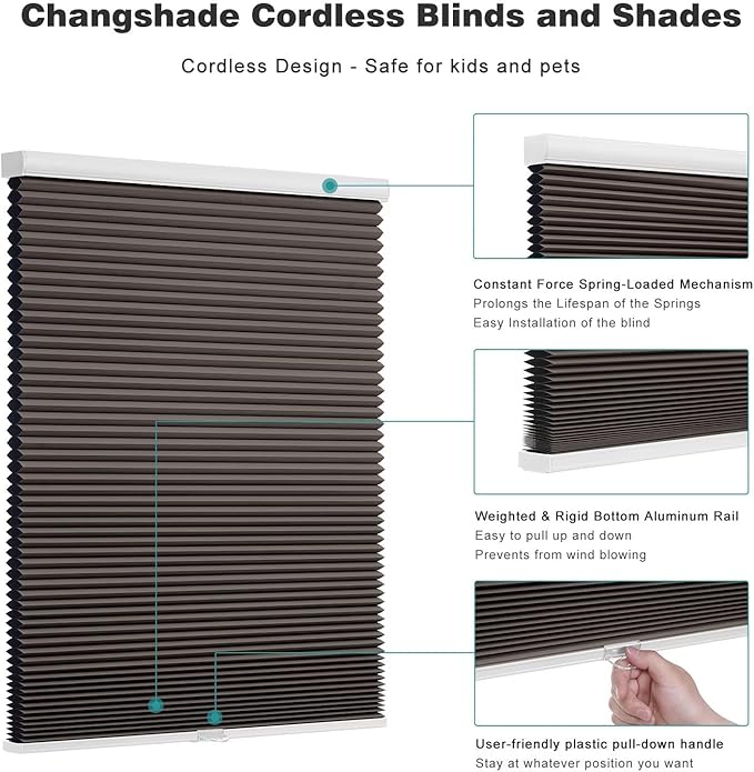 Changshade Cordless Cellular Shades, Blackout Honeycomb Shades for Windows, Pull Down Pleated Blinds, Easy to Install for Indoor Windows and French Doors,50" W x 72" H, Taupe