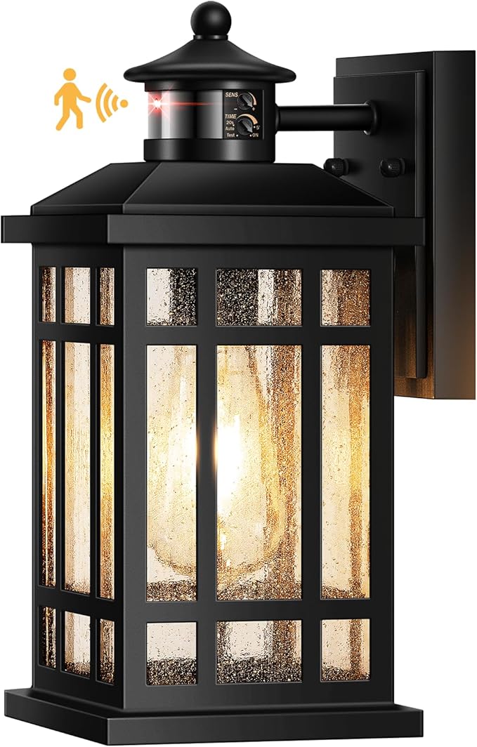 Motion Sensor Outdoor Wall Light, Adjustable Sensing Range Outside Lights for House, Black Dawn to Dusk Sconce Lights for Patio, Anti-Rust Waterproof Porch Lantern Wall Mount with Bubble Glass
