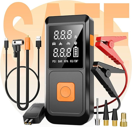 Jump Starter with Air Compressor, 4000A 12V Car Battery Jumper Starter Box (10.0L Gas/8.0L Diesel) with Jumper Cables, LCD Display, 150PSI Tire inflator, LED Flashlight & Power Bank