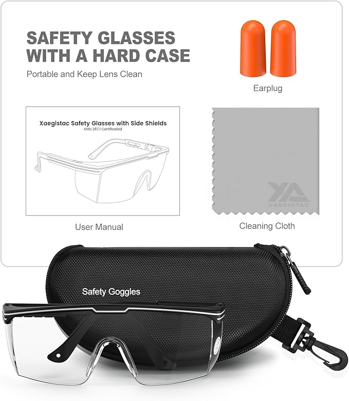 xaegistac Anti-Fog Safety Glasses with Side Shields,UV400 Protective Eyewear,Impact Resistant Safety Goggles for Men Women