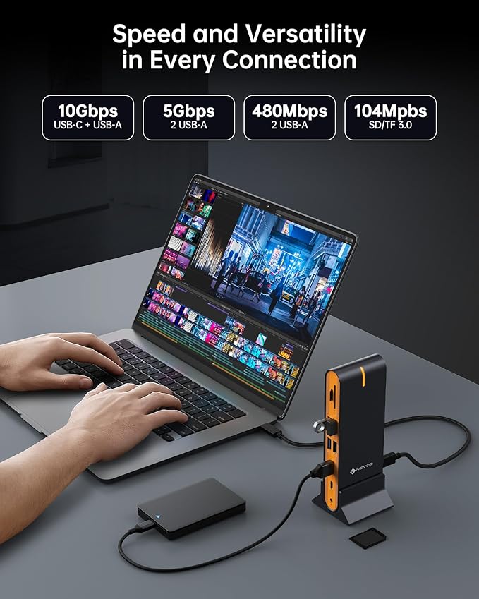 NOVOO 15-in-1 Vertical/Horizontal USB C Docking Station Triple Monitor – 8K@30Hz DP, Dual 4K@60Hz HDMI, 10Gbps USB-A/C, SD/TF, 1Gbps Ethernet,Dual Monitor Adapter Dock for MacBook, Windows Laptops