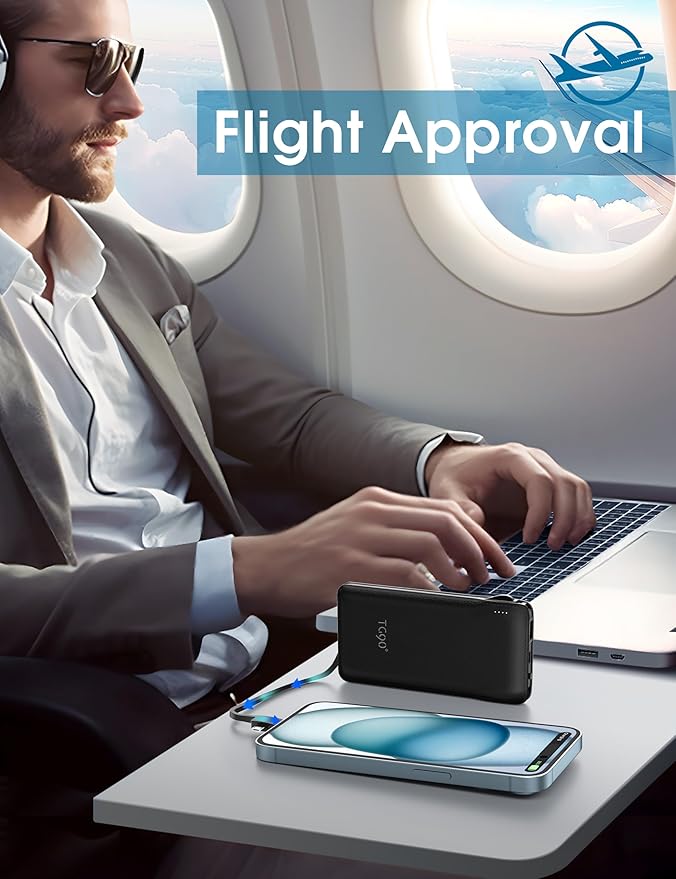 TG90° 10000mAh Portable Charger with Built-in AC Wall Plug and Cables, Ultra Slim USB C Power Bank External Battery Pack Compatible with iPhone and Android Phones