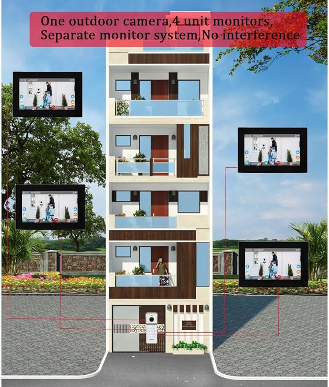 Wired Apartment Video Doorbell System 4 Units 7 Inch Touch Monitor Video Doorbell System,Wireless Video Door Phone Kit, Indoor Outdoor Support Monitoring,Unlocking,Dual Way Intercom for Home Vally