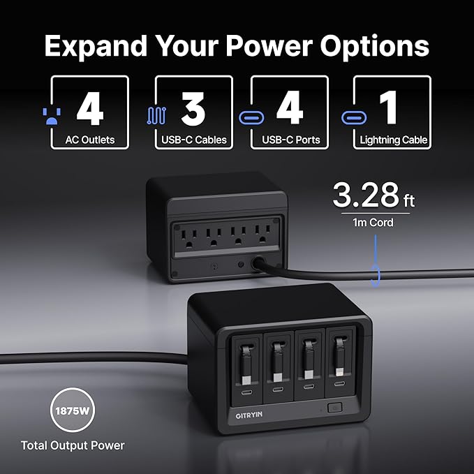 12-in-1 Desktop Charging Station with 3 Retractable Type-C Chargers and 1 Lightning Charger, 40W USB-C Power Strip with Flat Plug, Extension Cord with 1020J Surge Protection for Home Office