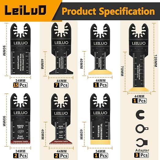 LEILUO 32 Pcs Multitool Blade Kit for Wood Nails Titanium Oscillating Saw Blades Japanese Tooth Oscillating Tool Accessories with Storage Bag Compatible with DeWalt Makita Dremel and More