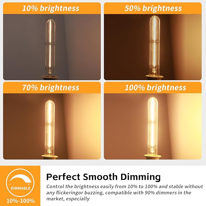 Long T10 LED Bulb, 7.3in Vintage Edison Dimmable Bulb 4W 2700K Warm White Tubular Bulbs, E26 Medium Base Amber 400LM 40W Equivalent for Cylinder Pendant Wall Sconces Chandelier Vanity 6Pack