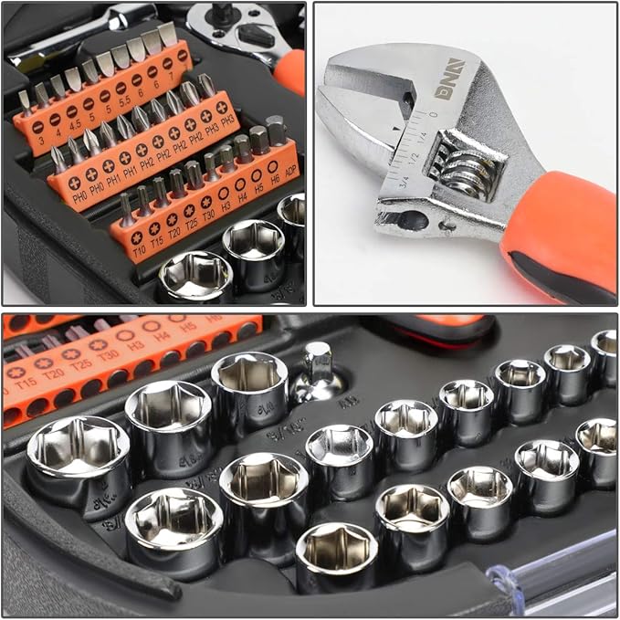 DNA MOTORING 64pcs Mechanic's Auto & Home Repair Tool Box, Screwdriver Bit Tool Set, SAE and Metric Socket Wrench Set, Orange/Black, TOOLS-00026