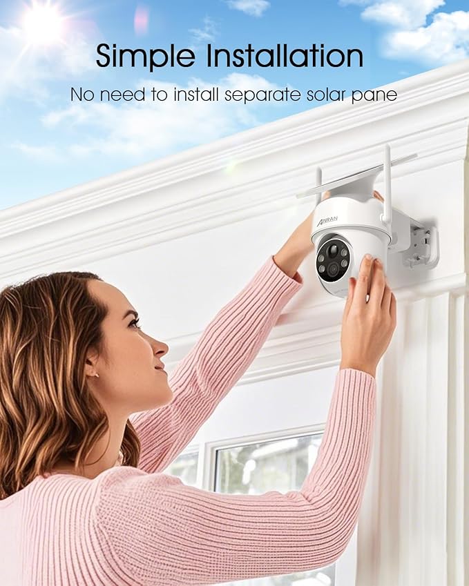 ANRAN Solar Security Cameras Wireless Outdoor,2K Cameras for Home Security with Fixed Solar Panel, 360° PTZ for Home Surveillance,2.4G WiFi, PIR Human Detection, 3MP Color Night Vision, 2-Way Talk