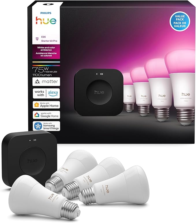 Philips Hue Starter Kit: Bridge Pro + 4 A19 E26 Smart Bulbs, White & Color Ambiance, Dimmable, Smart Light Hub, Works with Apple Home, Alexa, Google, Samsung SmartThings