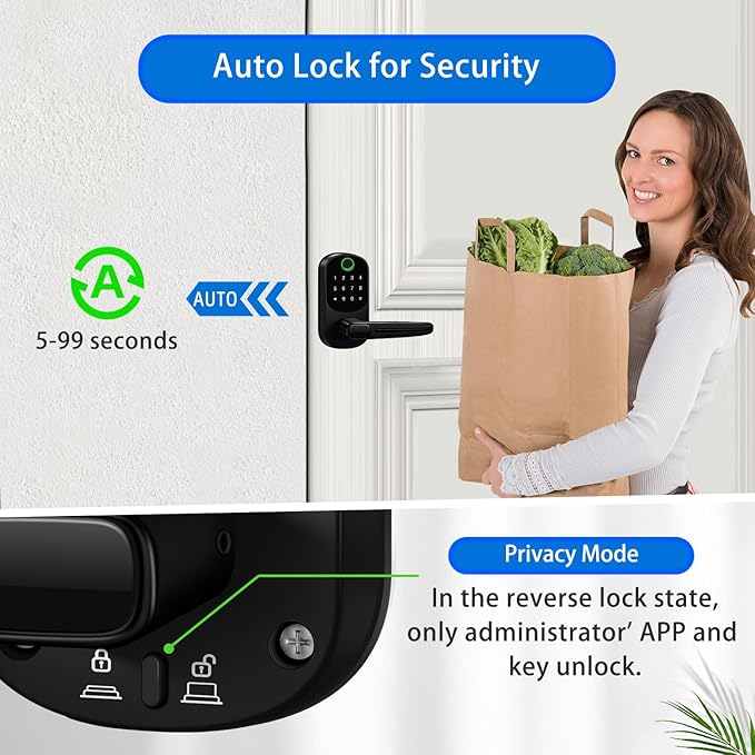 Smart Lock with Handle,Keyless Entry Door Lock,Digital Keypad Deadbolt with App Control, Fingerprint Unlock, PIN Code Unlock, Auto Locking,Smart Locks for Front Door/Exterior/Interior/Bedroom Doors
