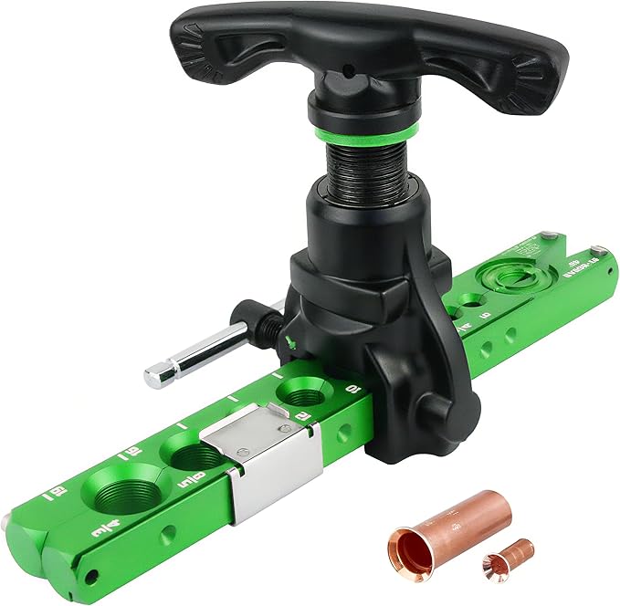 Flaring Tool, Tube Pipe 8 Die Sizes 1/4", 5/16", 3/8", 1/2", 5/8", 3/4" Single Flaring Tool HAVC with 2 Flare clamp, 45° Eccentric Tube Flare Tool with Clutch Limit Platefor Copper Aluminum Tubing