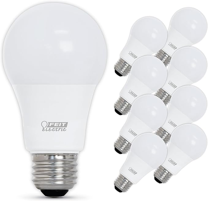 Feit Electric A19 LED Light Bulbs, 60W Equivalent, Dimmable, E26 Standard Base, 90 CRI, 800 Lumens, 2700K Soft White, 120V, 22 Years Lifetime, Damp Rated, 8 Pack, OM60DM/927CA/8